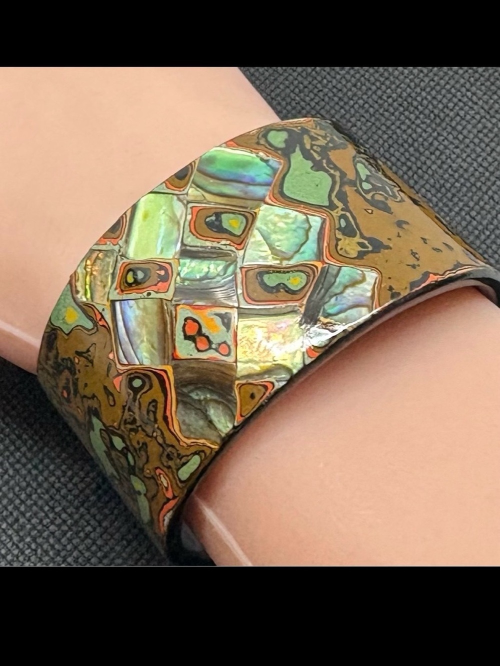 Vintage Abalone Shell Inlay Wide Cuff Bracelet - Iridescent Mosaic Statement